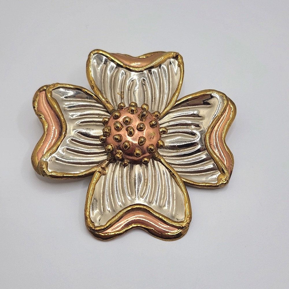 Vintage Brutalist‎ Sigh SJ Mixed Metal Dogwood Flower Brooch Pendant Taxco MCM